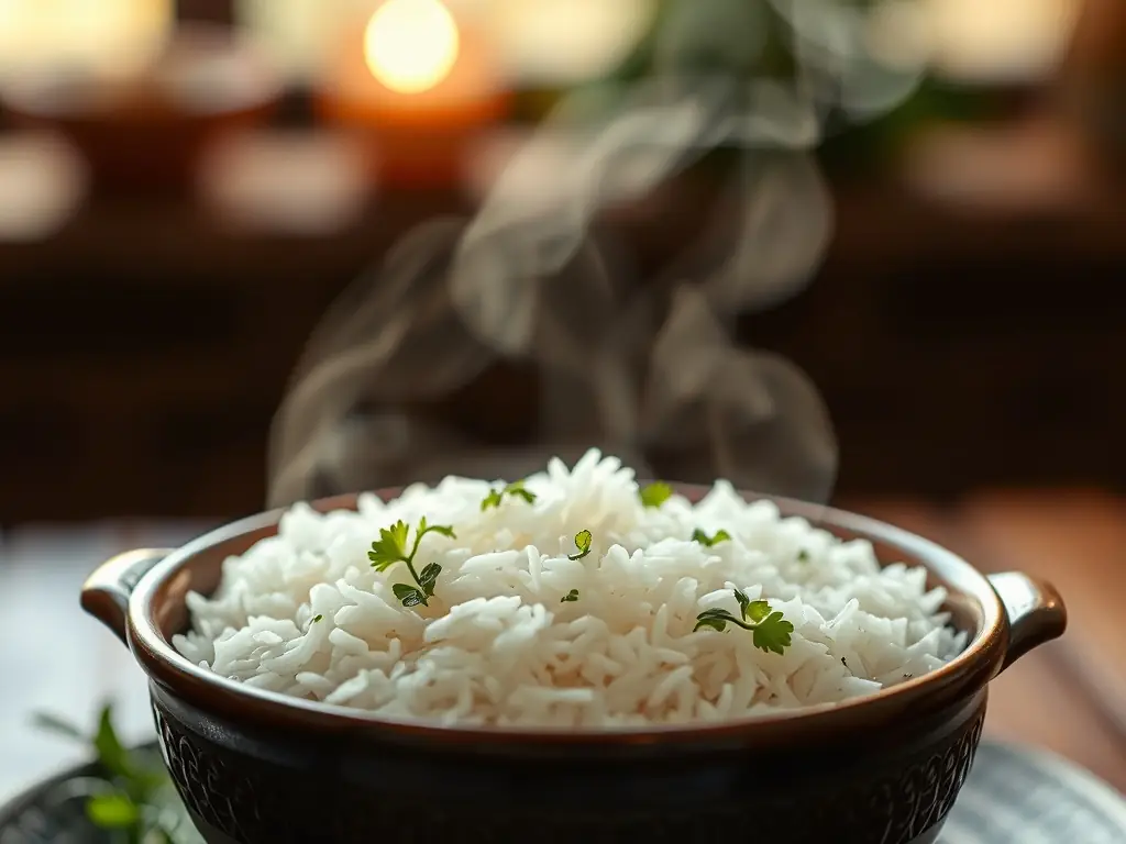 A close-up of fluffy, cooked Non Basmati Rice served on a plate, garnished with fresh herbs, with a blurred background of a kitchen setting.